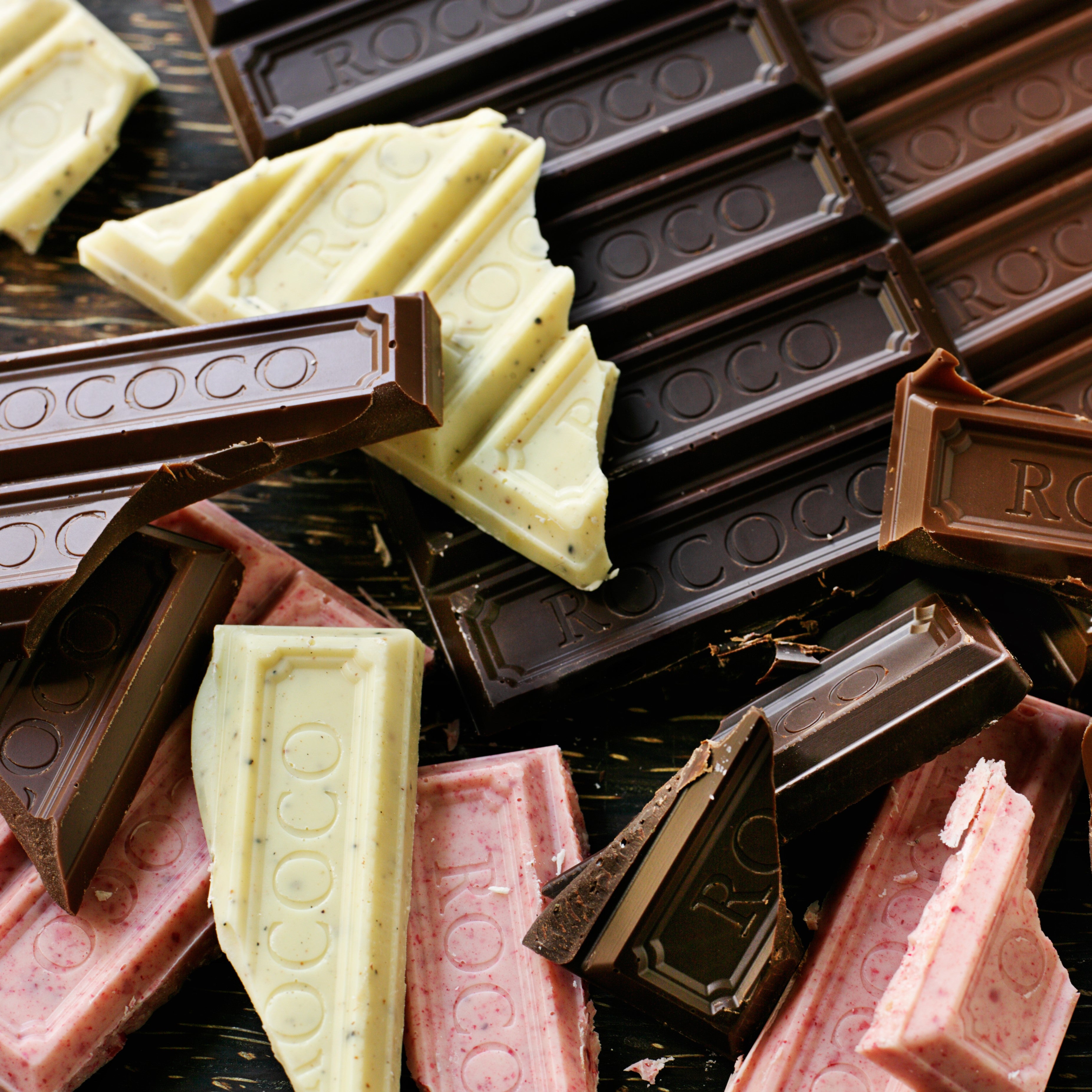 Luxury broken chocolate bars from Rococo Chocolates London 