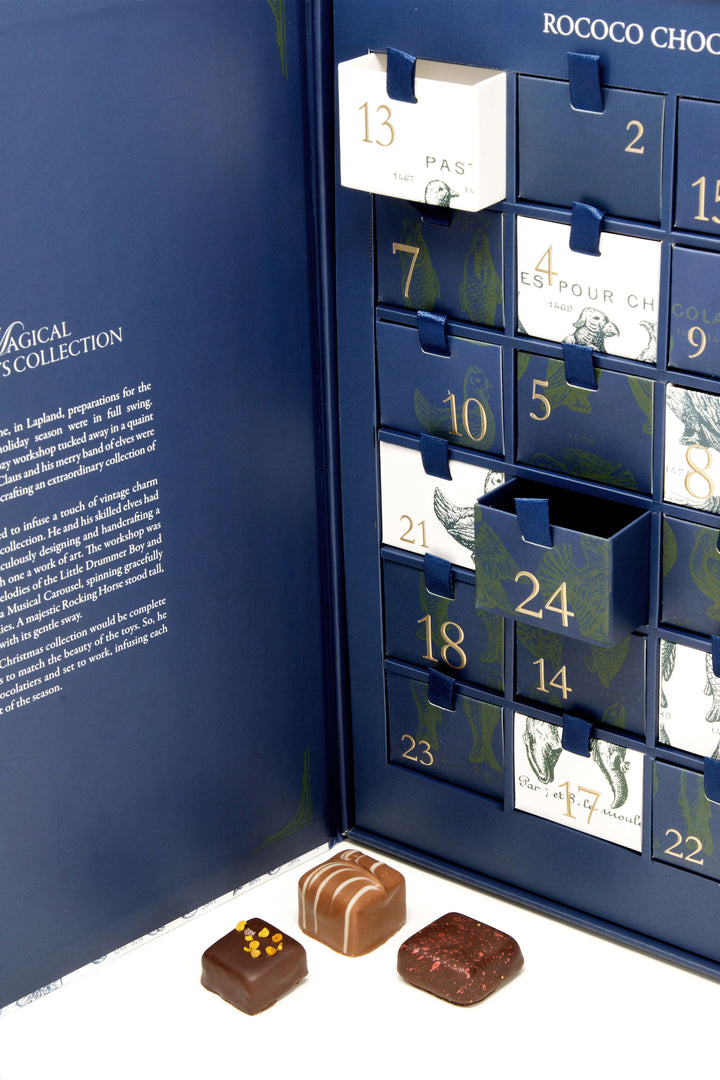 Rococo Chocolates Advent Calendar filled with seasonal truffles and ganaches, a luxurious gift for the holiday season.