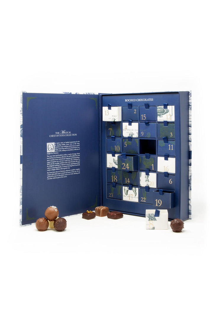 Premium chocolate Advent Calendar with 24 festive flavours, housed in a beautifully designed keepsake box.