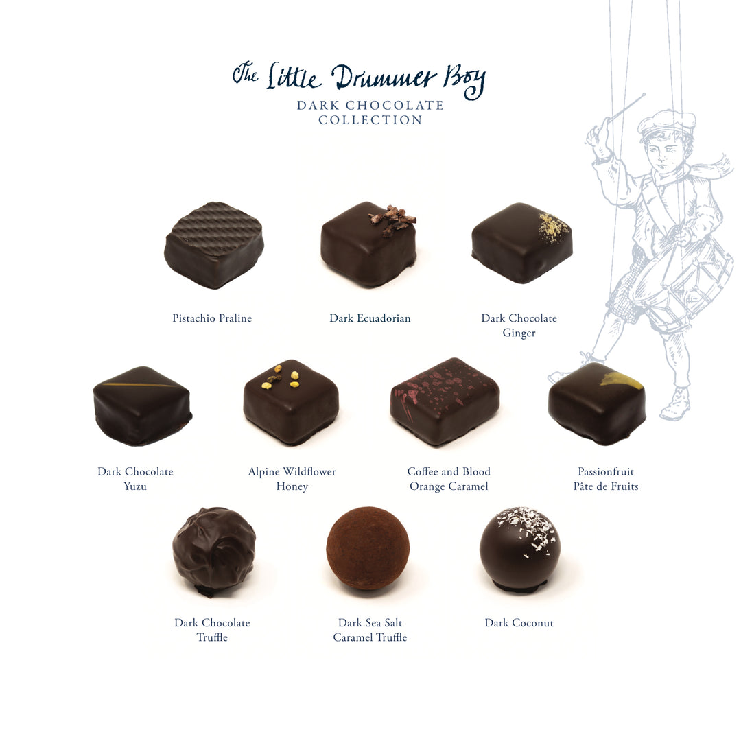 Handmade dark chocolate collection featuring bold flavours like pistachio praline, ginger, and yuzu, crafted by Rococo Chocolates.