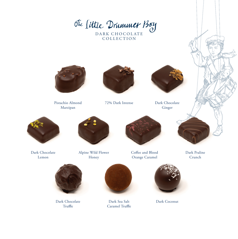 Non-alcoholic dark chocolates and truffles | Festive chocolates | Pistachio almond marzipan, 72% dark instense chocolate | dark chocolate ginger | dark chocolate lemon | alpine wild honey | coffee and bloode orange caramel | dark praline crunch | dark coconut truffle