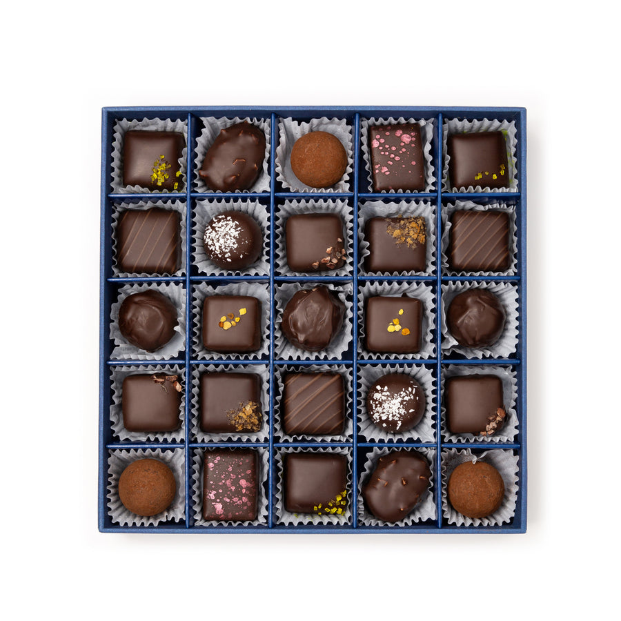 Rococo Chocolates London | Dark Chocolate Christmas Collection | Assortment of dark chocolate truffles made in London | Ethical chocolates, non-alcoholic Christmas chocolates. | Little Drummer Boy