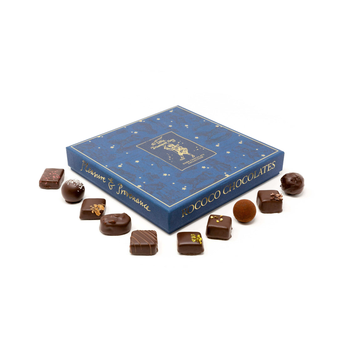 Dark chocolate gift box with seasonal delights like Coffee and Blood Orange Caramel, perfect for the holiday season