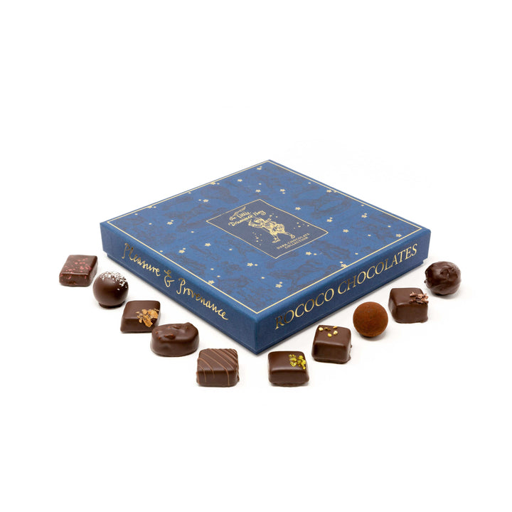 Dark chocolate gift box with seasonal delights like Coffee and Blood Orange Caramel, perfect for the holiday season