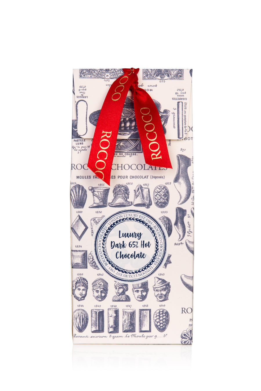 A luxuriously dark hot chocolate using Rococo’s signature 65% single origin Colombian dark chocolate. Presented in a ribboned Rococo print gift carton. Perfect for hot chocolate, drinking chocolate, iced chocolate. Vegan hot chocolate, vegan iced chocolate.