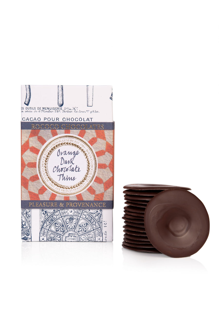 Rococo Chocolates Orange Dark Chocolate Thins. Perfect chocolate treat for self care. Treat yourself to a luxury chocolate. Buy Rococo Chocolates online.