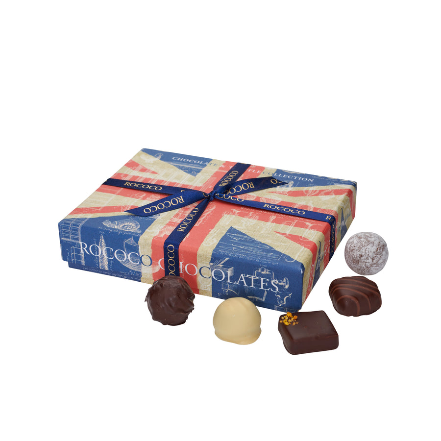 Union Jack gift box, union jack design. Chocolate gift box filled with luxury chocolates. Champagne truffles, dark chocolate ganache, white chocolate ganache. Gift Wrapped chocolate gift. Best Father's Day Gifts, available online and collect instore. Same day delivery in London. Union Jack design.